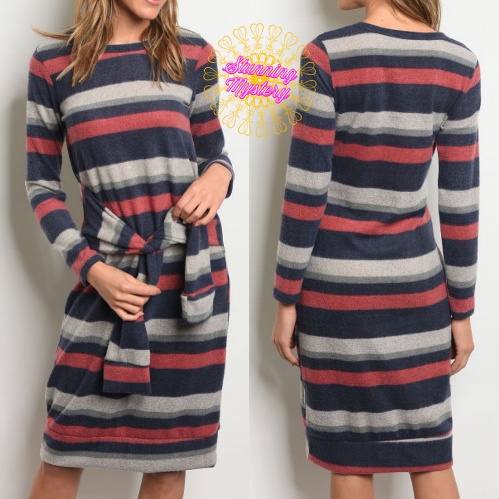 Striped Long Sleeve Belted Dress - Picture 6 of 8